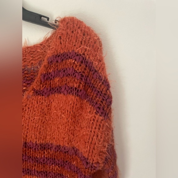 Free People Linus Fuzzy Orange Striped Pullover V Neck Sweater Size XS - Picture 2 of 9